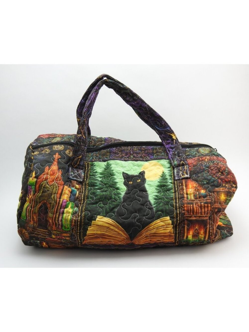 Handmade Quilted Black Cat Book Witchy Duffel Bag Gothic Overnight Halloween - Picture 2 of 6